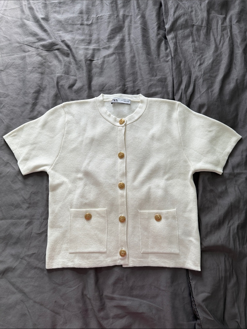 Zara Ivory Short-Sleeve Cardigan with Gold Buttons